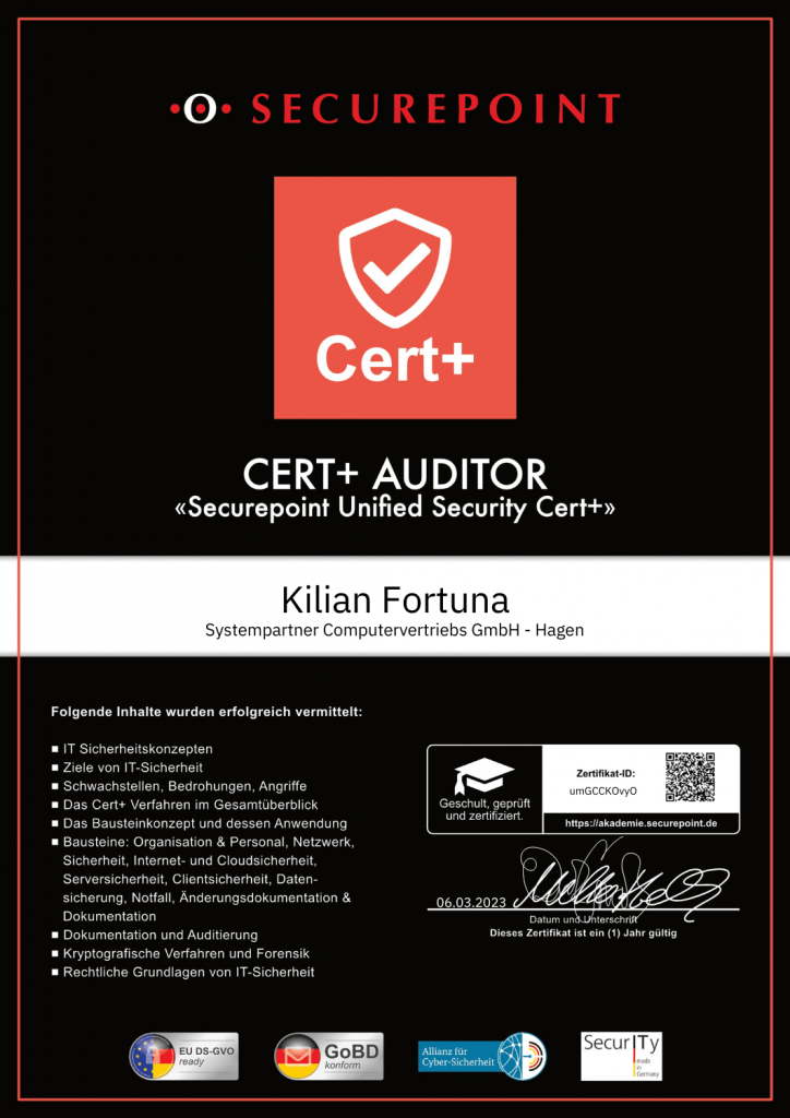 Cert+ Zertifikat Kilian Fortuna